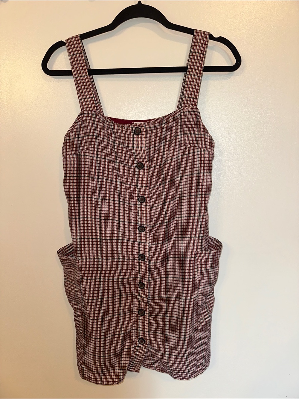 Sadie & Sage Button-Front Checked Pinafore Dress in Red and Black